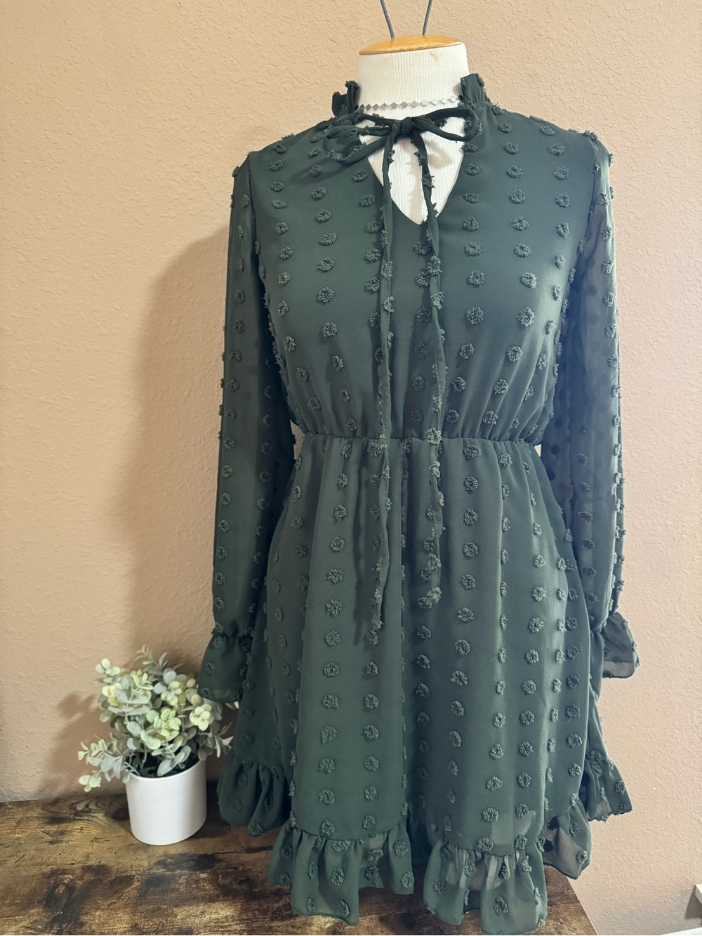 Women’s Olive Green Long-Sleeve Ruffle Swiss Dot Dress